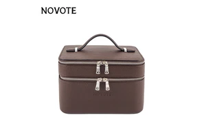 NOVOTE Custom Logo Large Water Resistant Genuine Leather Pebble Pattern Double-deck Square Travel Makeup Vanity & Cosmetic Bag