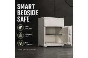 Smart Bedside Safe With Fingerprint Unlock Wireless Charging And WiFi Connection, Integrated Bedside Cabinet For Bedroom Storage