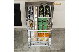 GQK Silver 304 Stainless Steel Oblong Multi-Level Drawer-Style Modern Kitchen Basket Seasoning Storage Rack for Kitchen