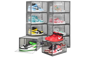 DAYOOH 10 Pack Black Thicken Snekaer Container Cabinet Upgraded Sturdy Shoes Organizer Stackable Drop Side Door Shoes Box