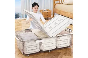 Transparent Under Bed Storage Box Rolling Wheels Stackable Double Lid Large Capacity Underbed Storage Container Bin Organizer