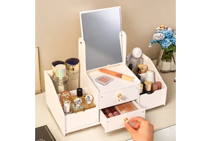 Custom Luxury White Rectangle Mirror Nordic Makeup Cosmetic Storage Box Organizer with Cat Ears