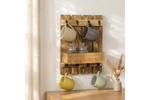 Solid Wood Single Tier Wall-mounted Storage Rack for Living Room Bedroom Kitchen Cup Holder and Shelf