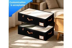 Black Under Bed Storage Containers with Clear Lid, Reinforced Leather Handles, Foldable Fabric Storage Boxes for Blankets