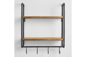 Industrial Wall Mounted Double Tier Shelf With Hooks Wooden Top Wrought Iron Frame Rectangle Shape Storage Rack Wall Shelve