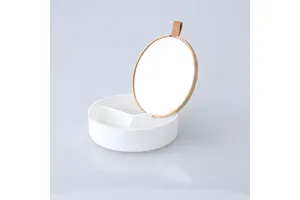 Bamboo Lid Plastic Cosmetic Organizer Box and Jewelry Storage Case Display with Mirror Makeup Organizer Cosmetics