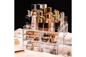 Large 4 Piece Stackable Acrylic Makeup Organizer Clear Cosmetic Storage Case with 6 Drawers for Vanity Skincare and Jewelry