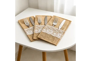 Burlap Rectangle Silverware Holders for Christmas Decorations Rustic Lace Cutlery Pouches American Country Style for Christmas
