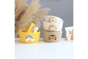Eco-friend Soft Cotton Woven Basket Small Nursery Storage Bin with Lion Rainbow Patch Mini Desktop Makeup Organizer Gift Basket