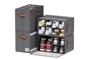 Stackable Fabric Shoe Storage Box, Large Capacity Shoe Organizer with Clear Top, Side Handles, Foldable for Living Room, Outdoor