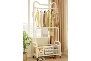 Double Tier Metal Clothes Rack Heavy Load Garment Storage Standing Coat Rack with Lockable Universal Wheels