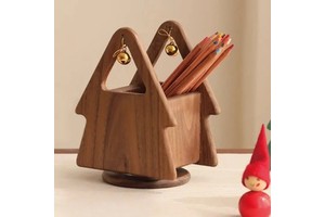 Wooden Christmas Tree-shaped Desktop Storage Box with Rotatable Bell for Pen Corner Organisation and Gift Giving
