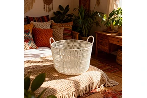 Hot Sale Woven Vegetable Clothing Storage Basket Excellent for Laundry Use Made of Plastic Rattan Fabric Metal Wardrobe Space