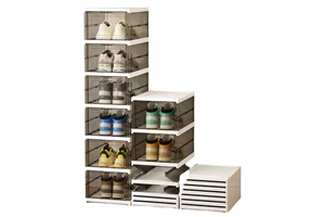 One-Piece Design No Assembly Stackable Shoe Storage Box Plastic 6-Tier Foldable Shoe Box Organizer with Magnetic Clear Door