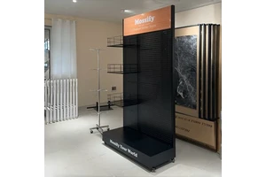 Mobile Single-sided Pegboard Display Rack with Perforated Metal Pegboard Compact Freestanding Shelves
