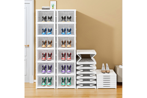 Household Foldable Beige Plastic PP Stackable Sneaker Storage Box Shoe Organizer No-Installation Dustproof Shoe Cabinet