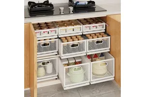 Foldable Stackable Kitchen Cabinet Organizer with Sliding Pull-Out Basket Storage Rack for Spices Bottles