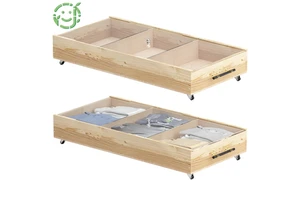JQ Under-bed Organizer Bamboo Storage Box Under Bed Storage with Wheels for Closet Storage