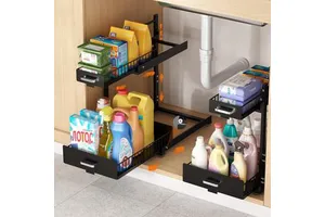 2 Tier Slide Out Kitchen Cabinet Organizers with Pulley Under Bathroom Sink Pull Out Organizer with Multiple Height Adjustments