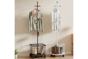 Modern Black Gloss Metal Coat Rack Stand with Wire Storage Basket Rolling Wheels Entryway Clothes Garment Hanger for Living Room