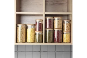 Gloway Oem Supported 18 Spec. Dry Food Borosilicate Glass Bottle Jars Airtight Kitchen Organizer Food Storage With Bamboo Lid