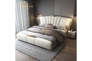 Modern Bedroom Furniture King Size Button Tufted Tall Headboard Upholstered White Leather Side Lift Ottoman Storage Bed
