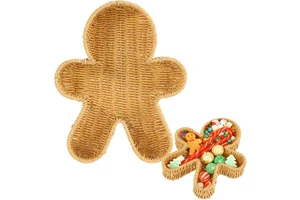 Christmas Wicker Basket Tray Gingerbread Men Rattan Woven Serving Tray Christmas Decor Snack Tray Storage Platter for Home Decor