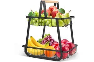 Home Organization Kitchen Living Room Tabletop 2 Tier Metal Wire Storage Fruit Basket With Removable Wood Handle