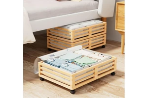 Bamboo Under Bed Storage Containers Storage Box Wood Bamboo Large Capacity Underbed Organizer With Wheels