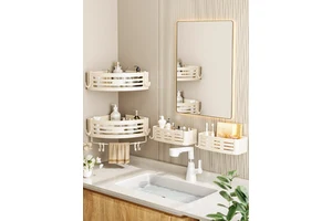Cream-style Bathroom Storage Rack, Corner Basket, No-drill Wall-mounted Shelf For Restroom