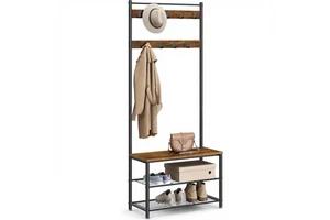 Cross-border Standing 3-Layer Metal Storage Rack with Shoe Bench Hooks Side Shelf Entryway Living Room Coat Rack Hanging Clothes
