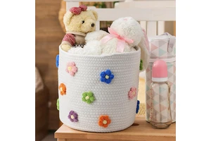 Cotton Rope Woven Baskets For Organizing With 3D Flower Nursery Laundry Basket Round Rope Storage Small Laundry Basket