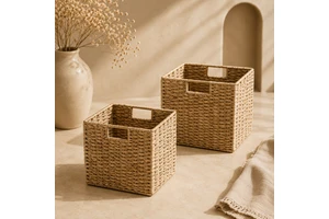 Natural Seagrass Luxury Eco-Friendly Storage Baskets Square Handles Multi-Purpose Organization Basket for Closet Living Room