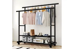 Large Capacity Movable Double Rod Cloth Rack Coat Rack Organizer With Storage Shelves Metal Garment Rack for Bedroom,Balcony