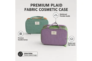 Custom Logo Double Layer Plaid Makeup Bag Large Capacity Cosmetic Organizer Travel Toiletry Case with Handle for Women OEM