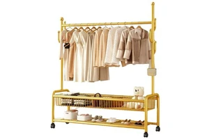 Modern Simple Luxury Metal Coat Rack for Bedroom and Living Room Movable Floor-Hanging Clothes Rack with Storage Basket