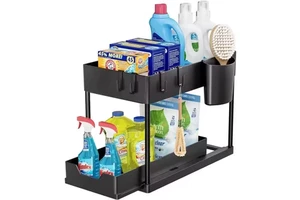 Cabinet Basket Organizer 2 Tier Under Sink Organizer with Lighter Sliding Drawer Multifunction Storage Rack for Bathroom Kitchen