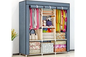Modern Portable Clothing Storage Holder Four Layers Wood Plastic Non-Woven Fabric Waterproof Dustproof Reinforced Standing Rack