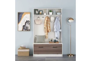 Multi-functional White Coat Rack with 5 Double Hooks and Storage Bench Entryway Organizer with Shoe Cabinet and Top Compartments