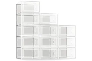 12 Packs Grey, Clear Plastic Stackable Shoe Storage Bins with Drawers & Lids, Under Bed Shoe Storage Containers