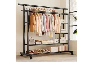 Cedar space OEM Movable Double Rod Metal Coat Rack with Lockable Wheels Rust-Proof Thickened Bedroom Storage Shelves for Shoes and Clothes