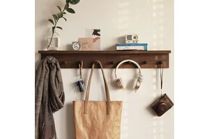 LHJY Dark Solid Wood Wall Mounted Coat Rack With 4 Hooks Heavy Duty Wooden Wall Hanger Rack For Entryway Bedroom Bathroom