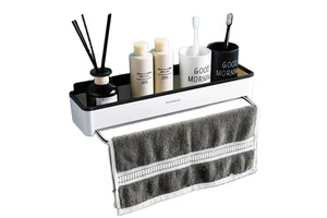 Everyday Plastic Bathroom Wall Mounted No Drill Storage Shelf with Towel Bar Kitchen Spice Organizer Rack Wall Shelf