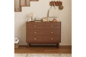 US Stock 6-Drawer Wood Dresser With Brushed Finish Large Storage Cabinet Bedroom Closet & Kitchen Living Room Furniture DG026