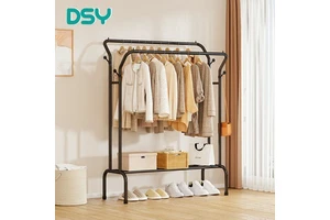 Metal Clothes Hanger Floor Coat Rack Double Rod Movable Clothes Drying Storage Rack for Bedroom Living Room