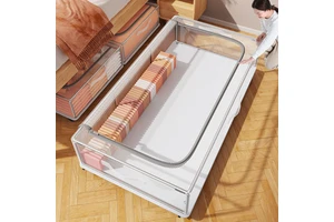 Flat Modern Rectangle Under-Bed Storage Box Wheels | Clear Drawer Design Clothes Blankets | Multi-Purpose Foldable PVC Organizer