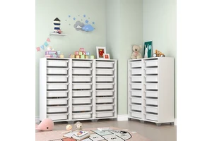 White Dresser Wooden Children Toy Storage Kid Closet Organizers Cabinet With 8 Plastic Bin