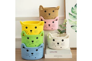 Cat Basket Storage Woven Organizer with Ears Decorative Pet Toy Cute Basket Cotton Rope Basket for Gift Toy Bin Box