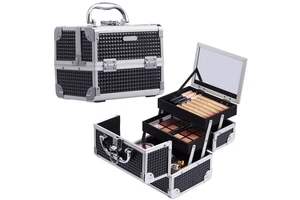 Portable Travel Makeup Case with Mirror Large Capacity Waterproof 2-Tray Organizer Carrying for Beauty Case Jewelry Accessories