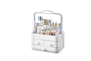 Plastic Sustainable Skincare Organizer with Lid 2 Drawers Transparent Cover 3-6L Capacity for Bathroom Makeup Storage